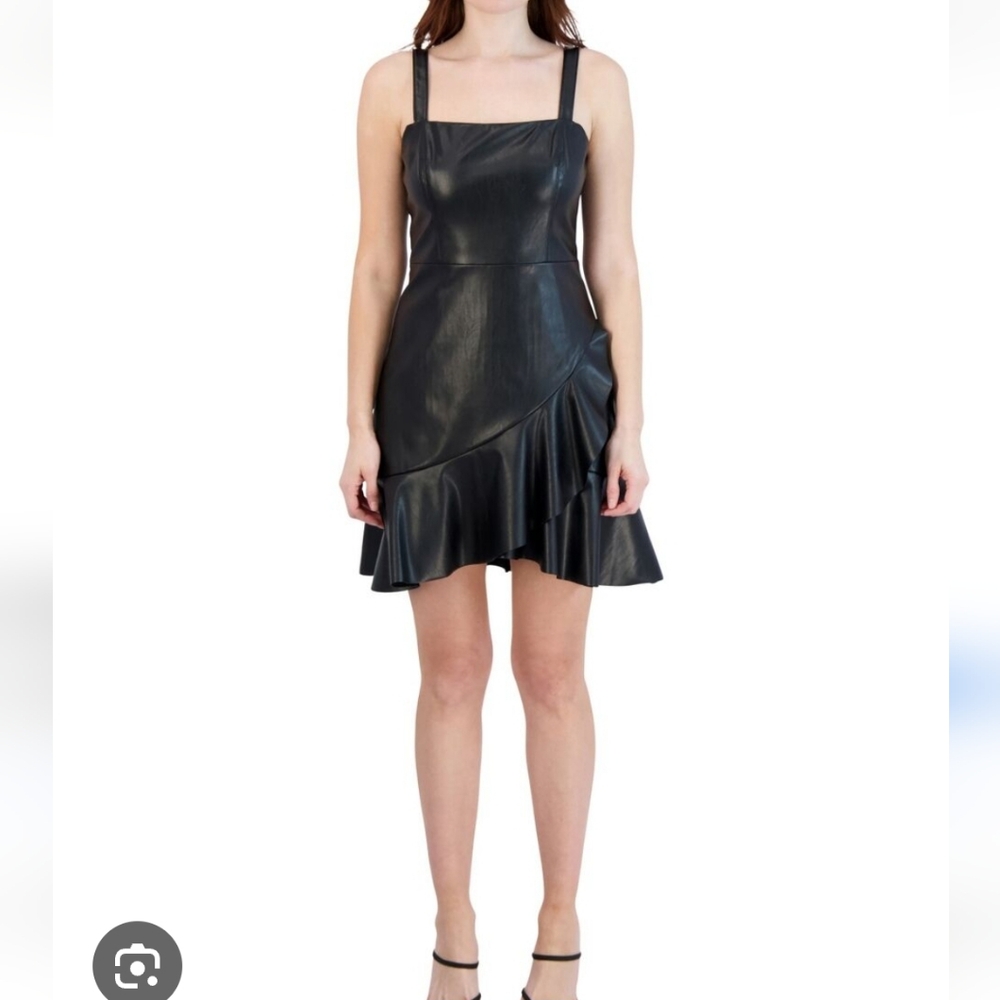 BCBGeneration Black Asymmetrical Ruffled Mini Dress Vegan Leather
